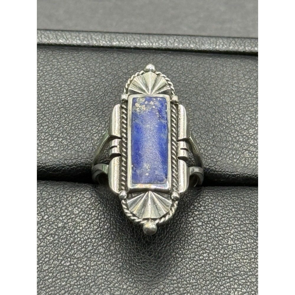 New Condition Sterling Silver Lapis Lazuli Art Deco Ring Size 7.00 J14